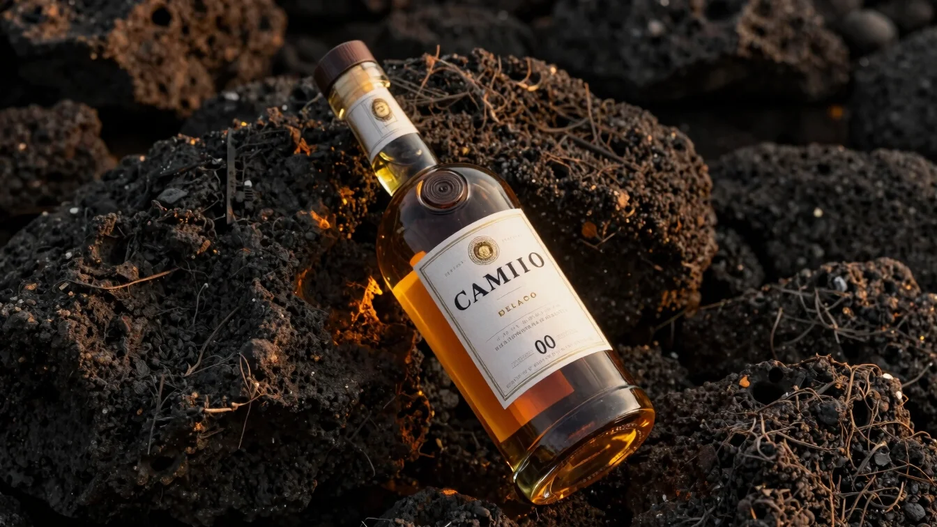 A luxury tequilera bottle with Camino Blanco custom label resting on dark volcanic rock, warm golden side light