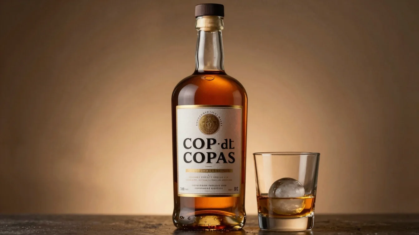 An elegant bottle of As de Copas artisan liqueur beside a heavy glass with a single ice sphere