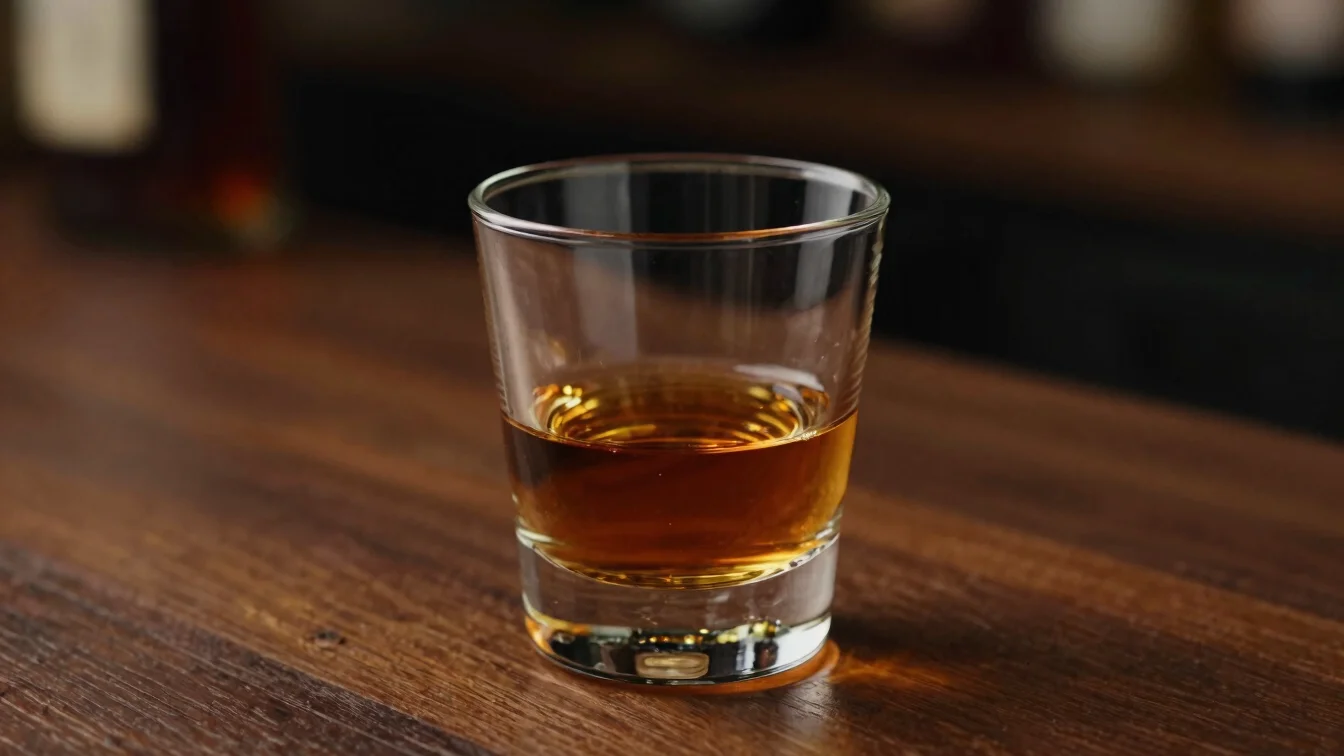 Close up shot of creamy liqueur glass on dark wood counter with warm directional spotlighting