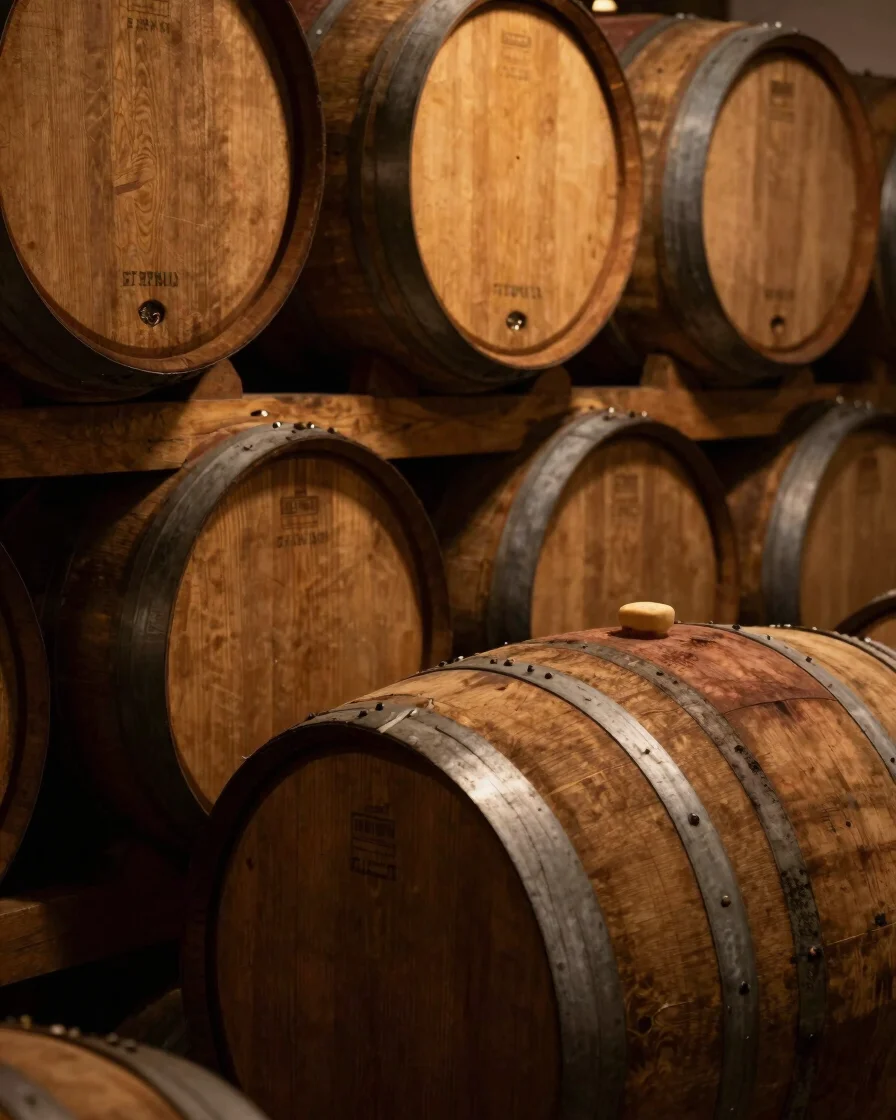 Rich editorial photograph of aged oak barrels in a dark tequila distillery cellar, warm directional amber lighting, agav