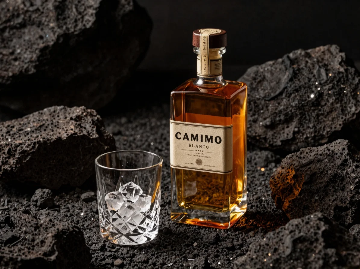 Editorial luxury bottle photo of Camino Blanco tequila on volcani