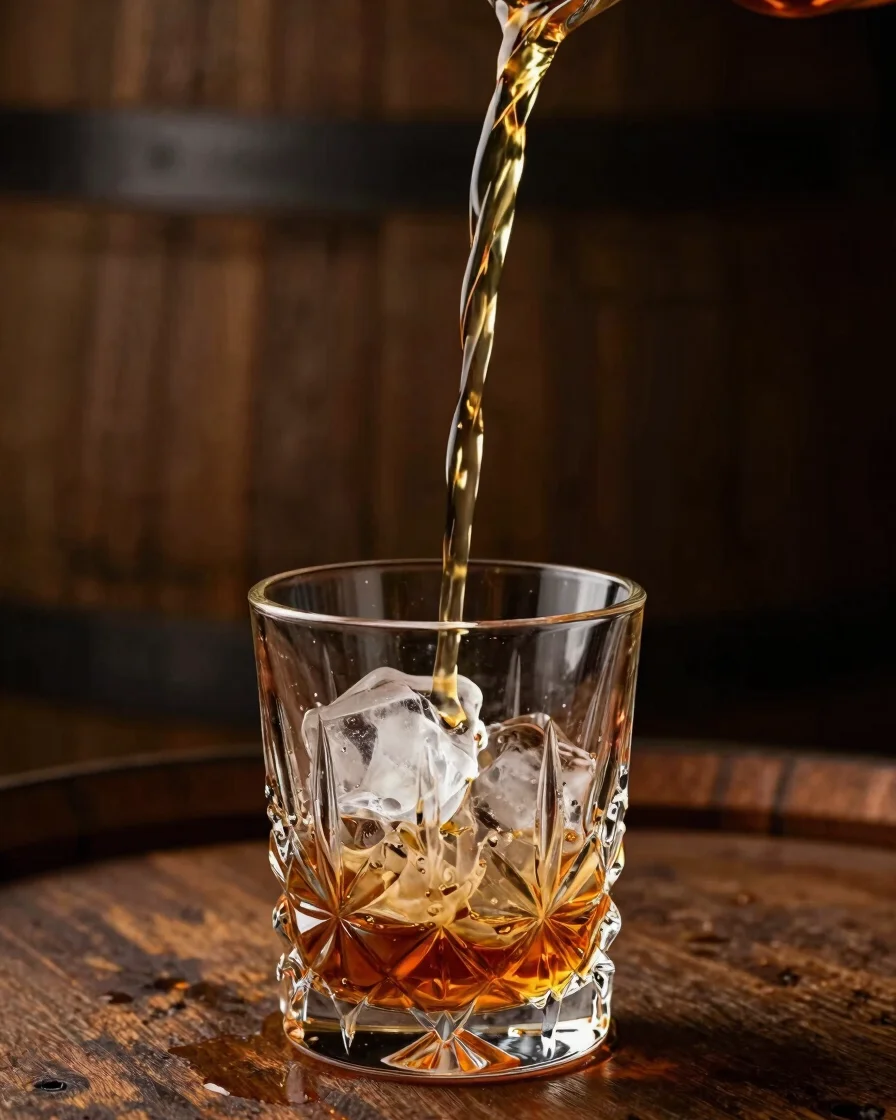 Editorial portrait photograph of dense cream liqueur pouring slowly into a heavy crystal glass over clear ice cubes, war